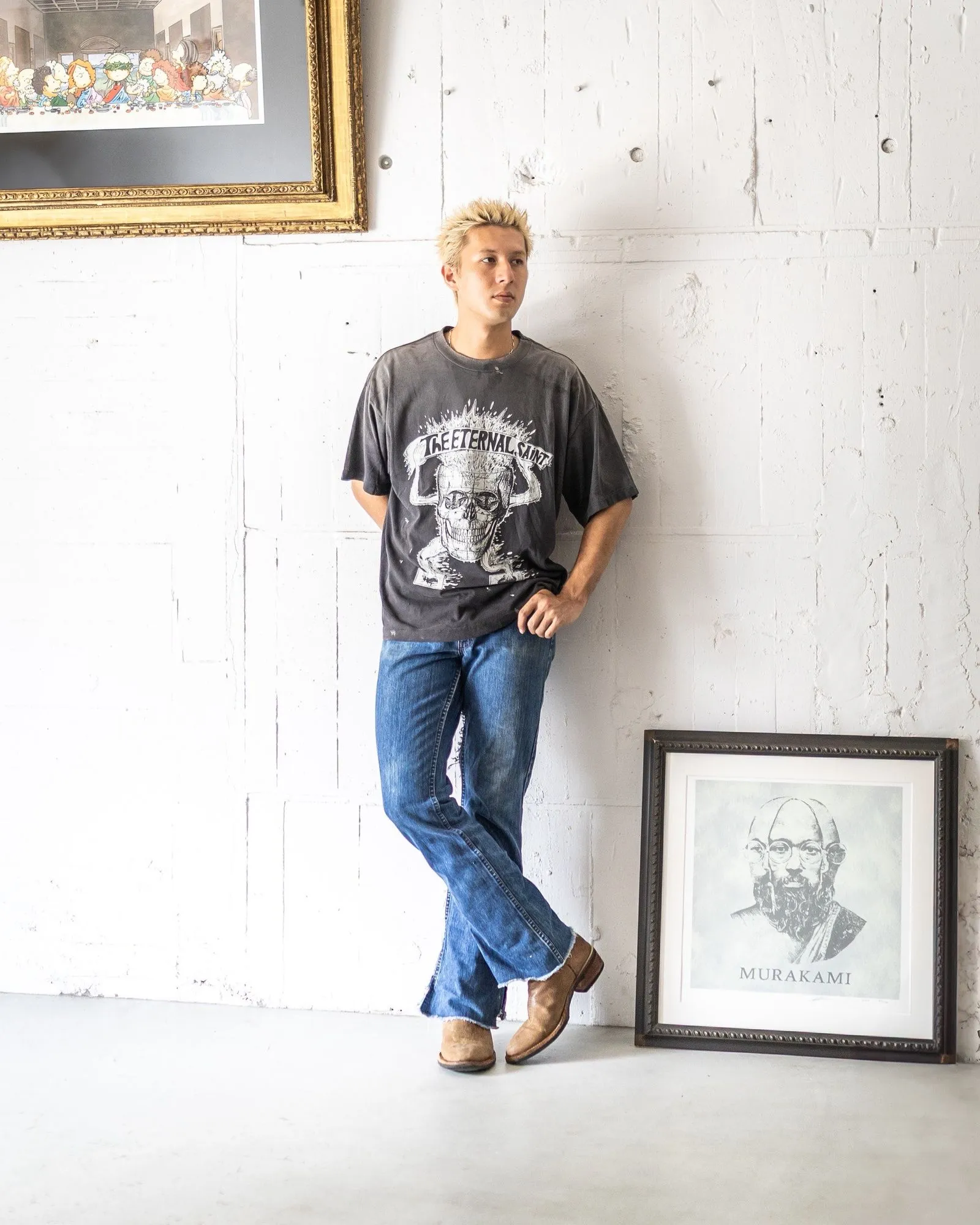 SAINT Mxxxxxx SS TEE/THE ETERNAL/BLK Latest Skeleton Beetle Distressed Sulfur Dyeing Retro Short Sleeves Washed Black S-XL Garment Dyeing Rewashed for Distressed Horse Replacement Faded Top Printing Technology Simulates Natural Distressed Style Really Correct Version Original Consistent Main Mark/Washed Mark/Angel Anti-Counterfeiting Mark
